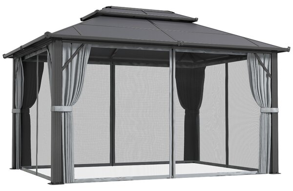 Outsunny 3 x 4m Hardtop Gazebo Canopy with UPF30+ Roof, Garden Gazebo Permanent Pavilion with Mosquito Netting and Curtains for Patio, Deck, Grey