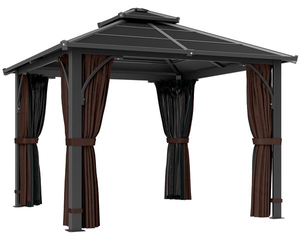 Outsunny 3 x 3(m) Hardtop Gazebo Canopy with Double Polycarbonate Roof, Garden Gazebo Permanent Pavilion with Mosquito Netting and Curtains, Brown