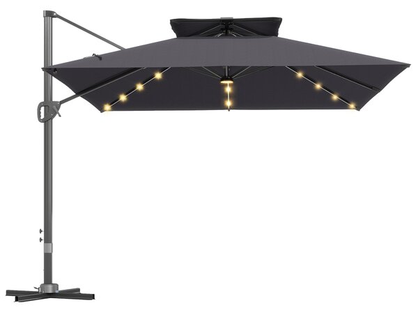 Outsunny 3.5x3 m Garden Cantilever Parasol with Solar LED Lights and Centre Light, Aluminium Large Square Patio Umbrella, UPF50+ Hanging Sun Shade with Cross Base, Crank Handle and Tilt, Grey