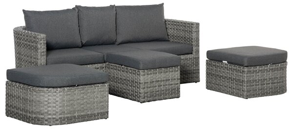 Outsunny Three Pieces Outdoor PE Rattan Sofa Set, Patio Wicker Conversation Double Chaise Lounge Furniture Set w/ Side Table, Large Daybed w/ Cushion, Mixed Grey