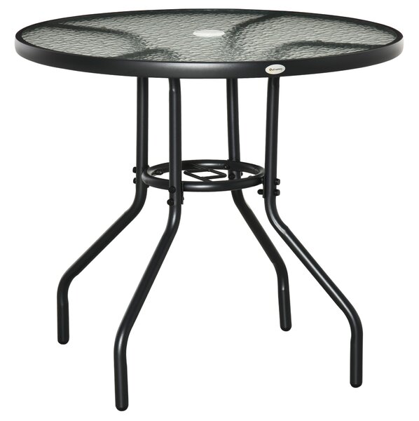 Outsunny Round Garden Dining Table, Outdoor Coffee Table, Tempered Glass Top Steel Garden Table w/ Parasol Hole, Black Aosom UK