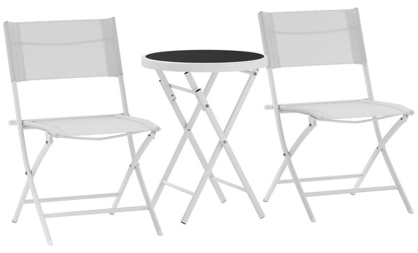 Outsunny 3 Pieces Outdoor Bistro Set, Glass Top Outdoor Table and 2 Folding Chairs with Protecting Feet, White