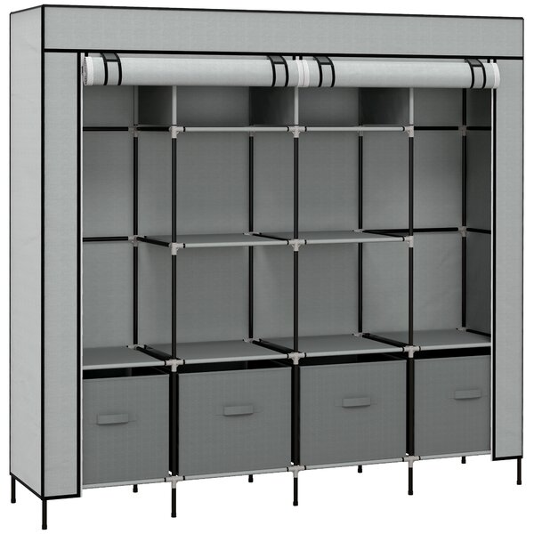 HOMCOM Fabric Wardrobe for Bedroom, Portable Cloth Wardrobe with 10 Compartments, 2 Hanging Rails and 4 Fabric Drawers, 166 x 42.5 x 169.5cm, Dark Grey