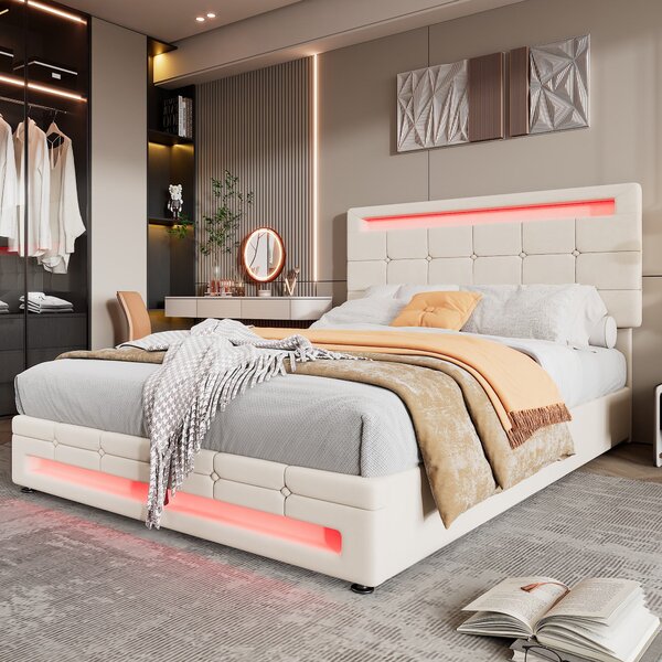 Hydraulic Lift Double Bed Frame with Storage, LED Light, Iron Frame, Upholstered Velvet Fabric Bed with Wood Slats, 199x150x123 cm, Beige Aosom.UK