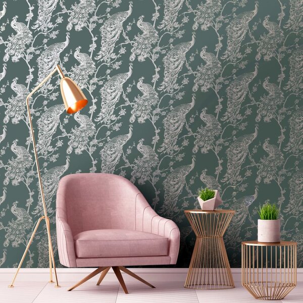 DUTCH WALLCOVERINGS Wallpaper Peacock Green and Silver