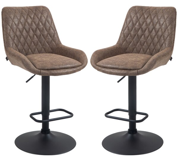 HOMCOM Retro Bar Stools Set of 2, Adjustable Kitchen Stool, Upholstered Bar Chairs with Back, Swivel Seat, Coffee