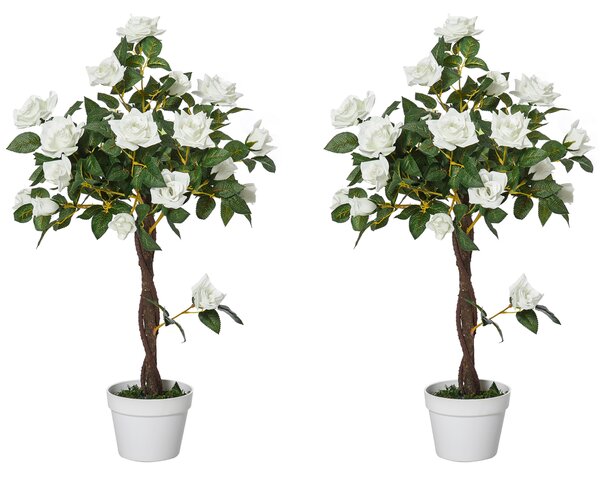 Outsunny Set of 2 Artificial Plants White Rose Floral in Pot, Fake Plants for Home Indoor Outdoor Decor, 90cm