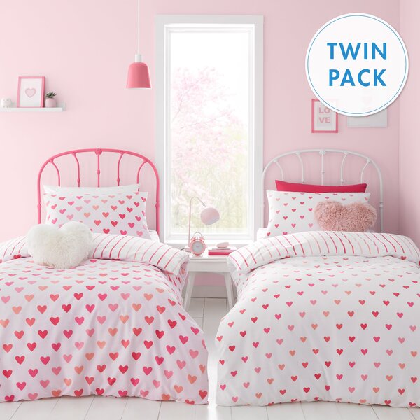 Catherine Lansfield Hearts and Stripes Two Pack Duvet Cover Bedding Set Pink White