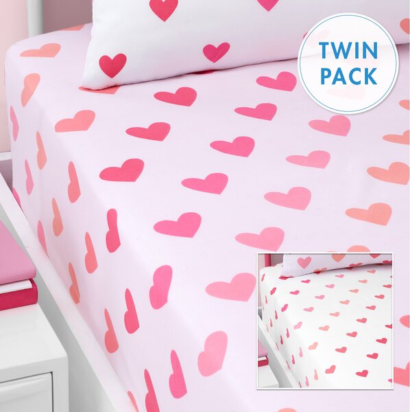 Catherine Lansfield Hearts and Stripes Two Pack Bed Linen Fitted Sheets Pink White