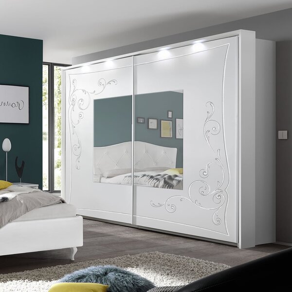 Gilroy Wooden Wardrobe With Mirror In Serigraphy White And LED