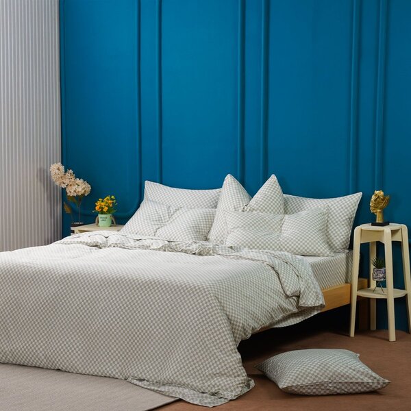 Ackly Bamboo Sage Green Checkered Duvet Cover Set, Double