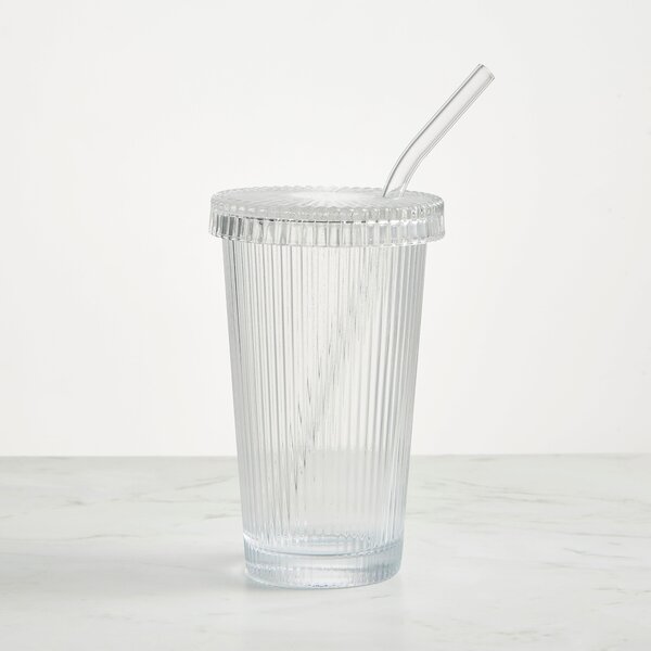 Ribbed Clear Glass Tumbler with Straw Clear