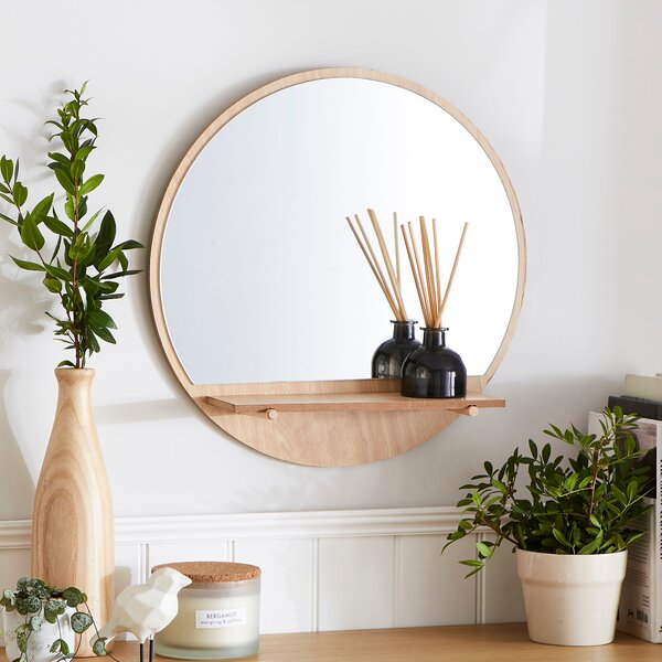Wooden Round Wall Mirror with Shelf Natural