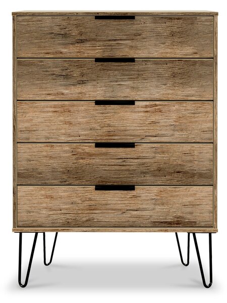 Moreno Rustic Oak Wooden 5 Drawer Chest with Black Hairpin Legs | Roseland Furniture