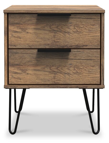 Moreno Rustic Oak 2 Drawer Wooden Bedside Table with Black Hairpin Legs | Roseland Furniture