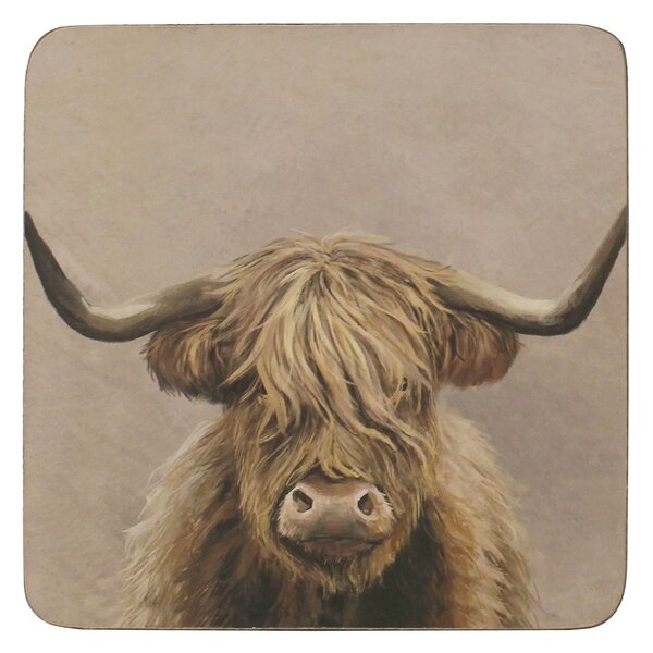 Pack of 4 Highland Cow Corkback Coasters Beige