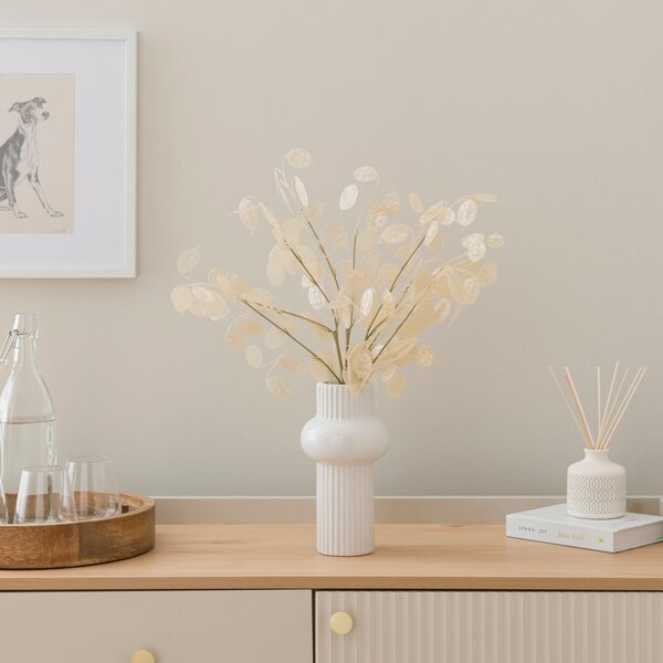Artificial Honesty Spray Bouquet in Ribbed White Ceramic Vase Natural