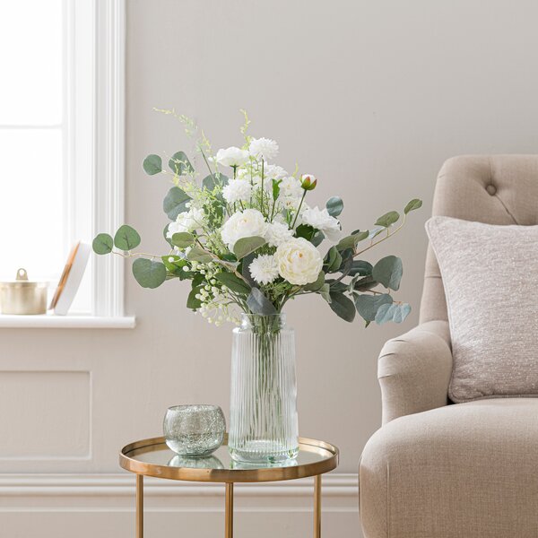 Artificial White Rose & Eucalyptus Bouquet in Ribbed Glass Vase White