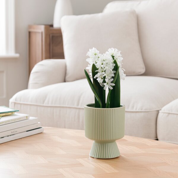 Artificial White Hyacinth in Ribbed Green Ceramic Plant Pot White