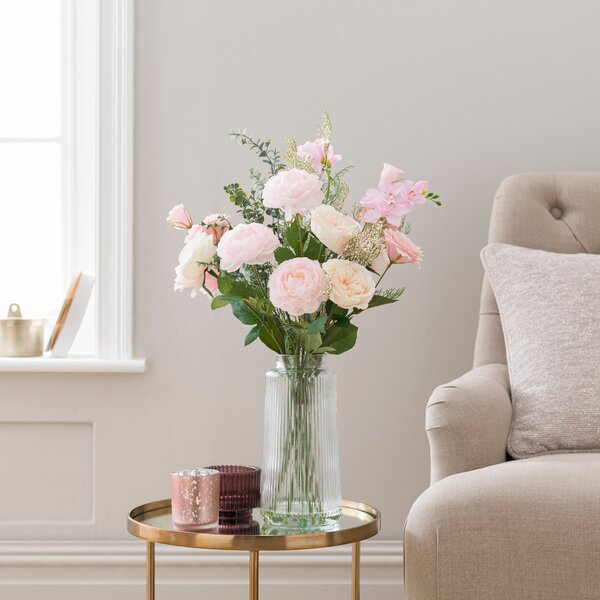 Artificial Peony Bouquet in Ribbed Glass Vase Pink
