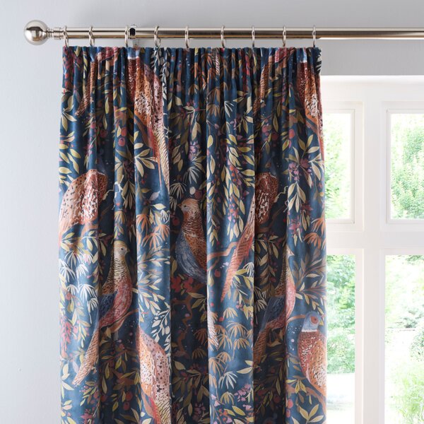 Woodland Pheasant Pencil Pleat Curtains Navy (Blue)