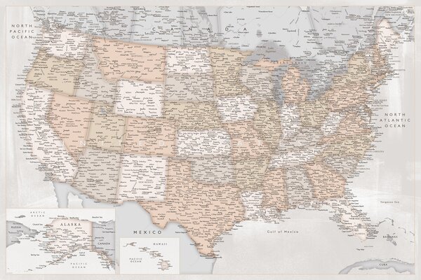 Map Highly detailed map of the United States in rustic style, Blursbyai, (40 x 26.7 cm)