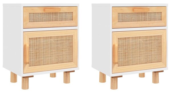 Bedside Cabinets 2 pcs White Solid Wood Pine and Natural Rattan