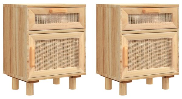 Bedside Cabinets 2 pcs Brown Solid Wood Pine and Natural Rattan