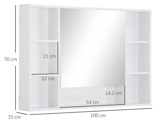 Kleankin Wall-mounted bathroom cabinet with mirror, bathroom unit, 7 open shelves and cupboard, 100 x 15 x 70 cm, white