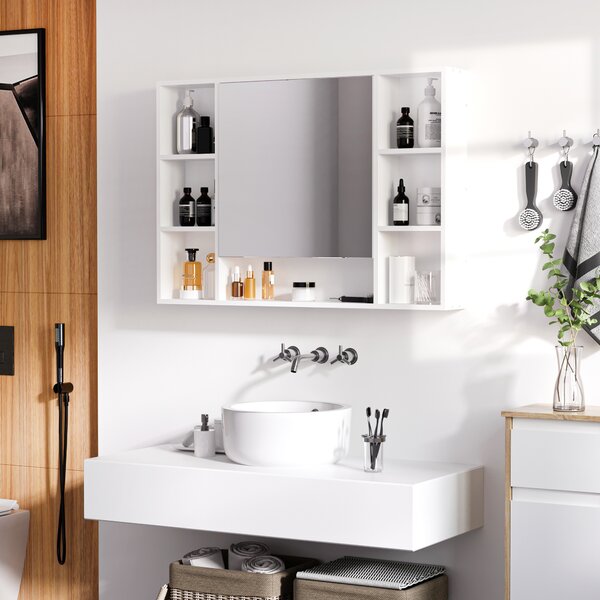Kleankin Wall-mounted bathroom cabinet with mirror, bathroom unit, 7 open shelves and cupboard, 100 x 15 x 70 cm, white