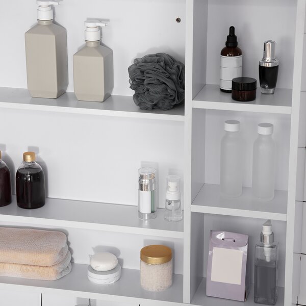 Kleankin Wall-mounted bathroom cabinet with mirror, bathroom unit, 7 open shelves and cupboard, 100 x 15 x 70 cm, white