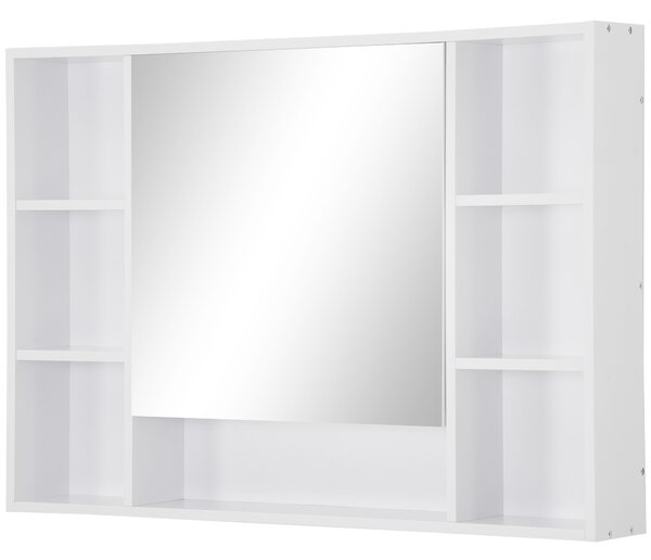 Kleankin Wall-mounted bathroom cabinet with mirror, bathroom unit, 7 open shelves and cupboard, 100 x 15 x 70 cm, white