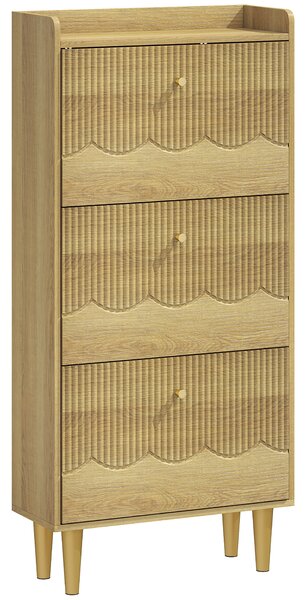 HOMCOM Narrow Shoe Cabinet, Modern Shoe Storage Cabinet with 3 Flip Drawers, Oak