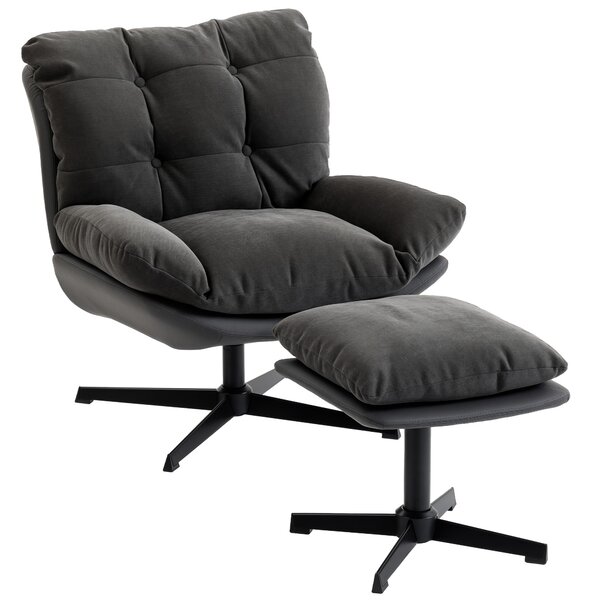 HOMCOM Accent Chair with Footstool, Swivel Lounge Chair with Chenille Upholstery, Metal Base, Dark Grey