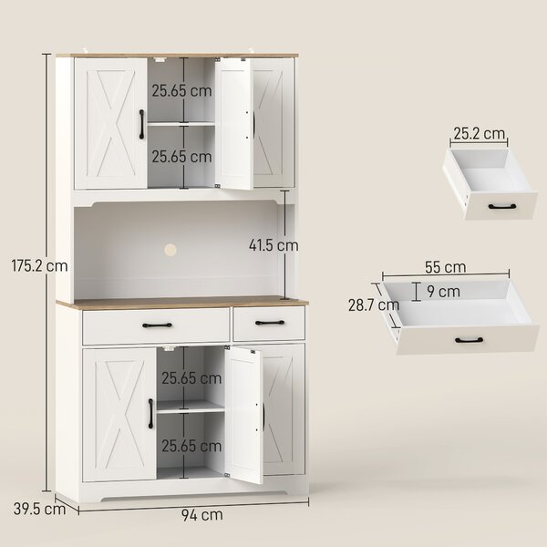 HOMCOM 175 cm Tall Kitchen Pantry Cabinet with Microwave Stand, Freestanding Pantry Cupboard, White