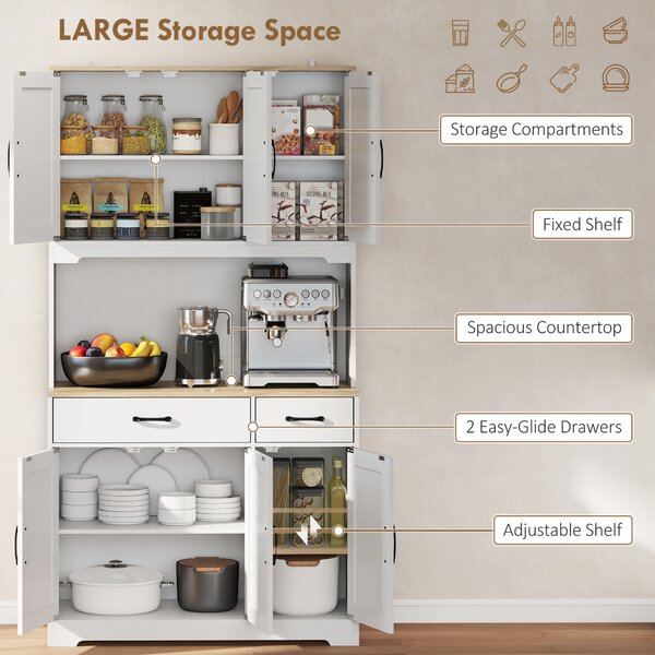 HOMCOM 175 cm Tall Kitchen Pantry Cabinet with Microwave Stand, Freestanding Pantry Cupboard, White