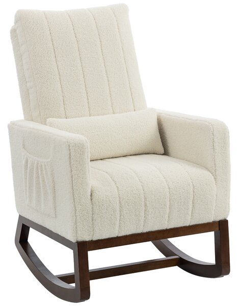 HOMCOM Rocking Chair for Adults, Lounge Rocker Chair with Lumbar Pillow, High Back, Wood Base, Side Pockets, Cream White