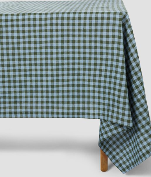 Fern Green & Dusk Blue Colour Drenched Gingham Linen Blend Tablecloth | Medium | Piglet in Bed