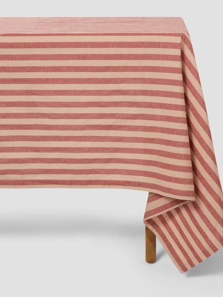 Sandstone Red Pembroke Stripe Linen Blend Tablecloth | Round | Piglet in Bed