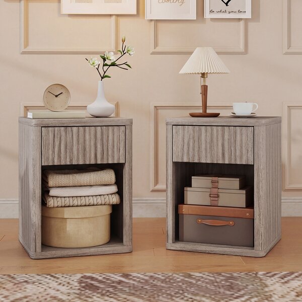 HOMCOM Modern Bedside Table Set of 2, Bedside Cabinet with Drawer and Open Shelf, Side End Table, Nightstand for Bedroom, Oak