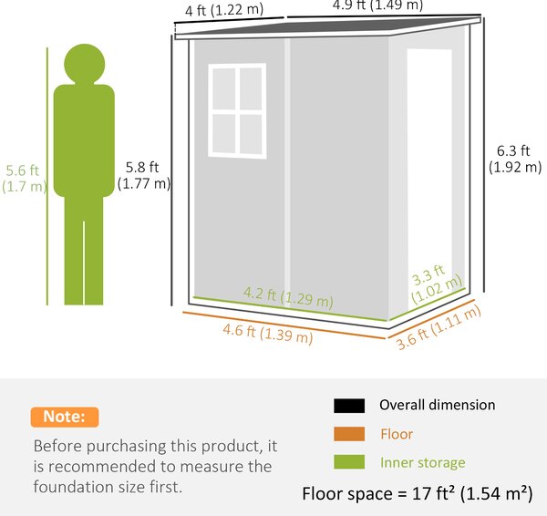 Outsunny 4'x5' Garden Storage Shed, Lean to Shed, Lockable Garden Shed with Window, Vent and Plastic Roof, Black