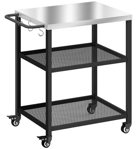 Outsunny Outdoor Grill Cart with Stainless Steel Tabletop, 3-Tier Pizza Oven Stand with Adjustable Shelf, Hooks, Wheels, Black