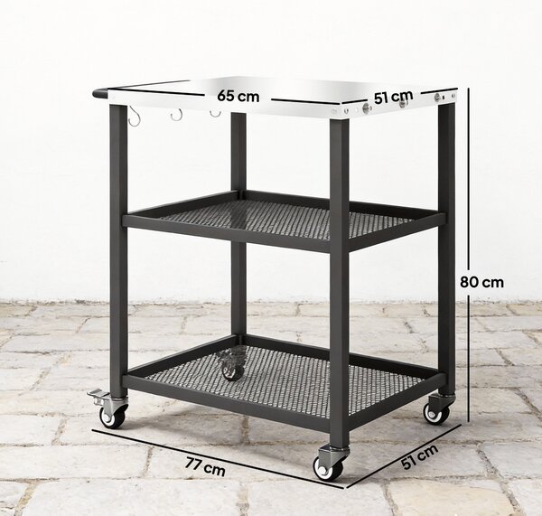 Outsunny Outdoor Grill Cart with Stainless Steel Tabletop, 3-Tier Pizza Oven Stand with Adjustable Shelf, Hooks, Wheels, Black