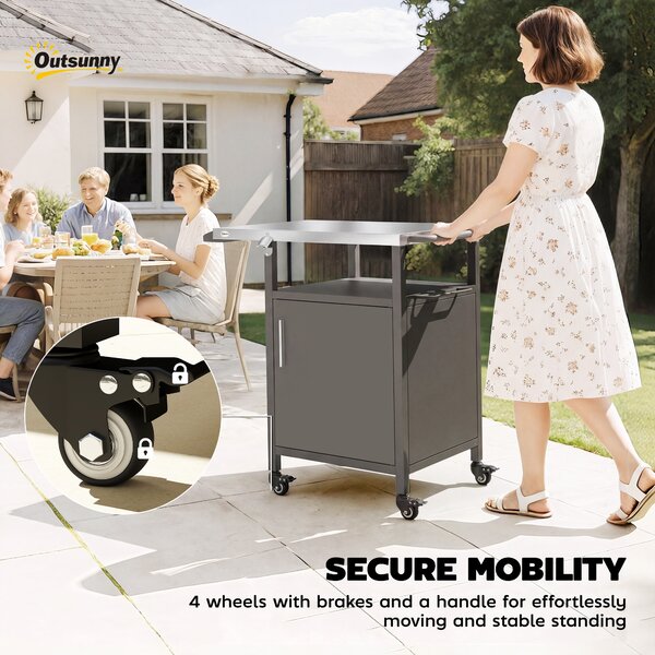 Outsunny Grill Cart with Stainless Steel Top, Pizza Oven Stand with Cabinet, Spice Rack, Towel Holder, Bottle Opener, Brown