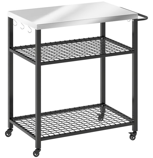 Outsunny Outdoor Grill Cart with Stainless Steel Tabletop, 3-Tier Pizza Oven Stand with 2 Shelves, 6 Hooks, Wheels, Black