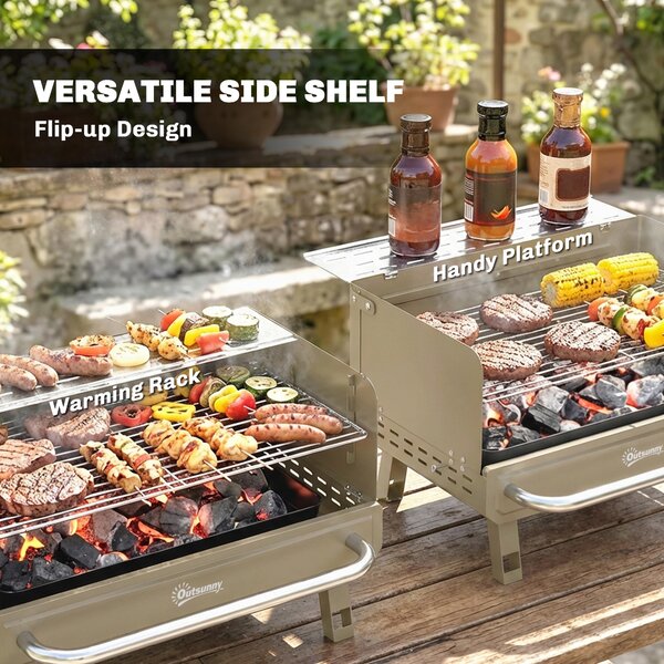 Outsunny Portable BBQ Grill, Charcoal Barbecue Grill with Adjustable Grates, Foldable Legs, Side Shelf for Camping Travel, Khaki