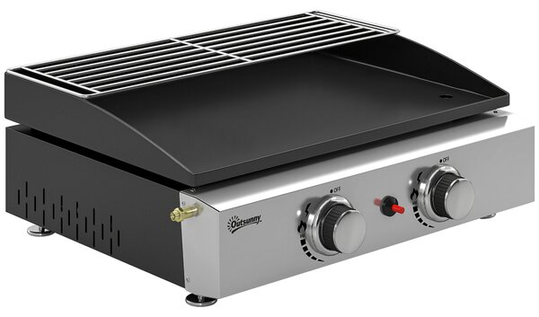 Outsunny 2 Burner Grill Griddle, Portable Gas Plancha with Warming Rack, 5 kW, Tabletop Gas BBQ with Grease Cup, Black