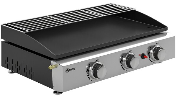 Outsunny 3 Burner Grill Griddle, Portable Gas Plancha with Warming Rack, 7.5 kW, Tabletop Gas BBQ with Grease Cup, Black