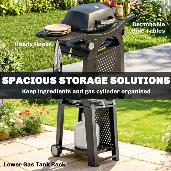 Outsunny 2 Burner Gas Grill with 2 Side Tables, 3.8 KW Barbecue Grill with Cast Iron Grates, 2-in-1 Tabletop BBQ with Wheels