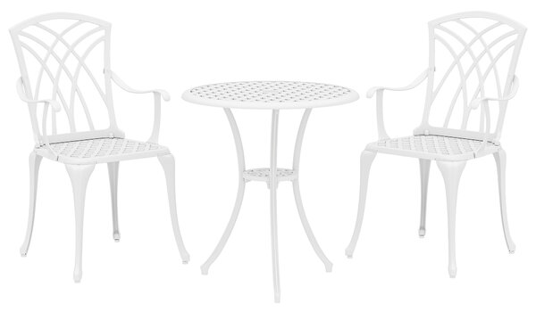 Outsunny 3 Pieces Garden Bistro Set, Cast Aluminium Outdoor Dining Set with 2 Chairs and Round Table with Parasol Hole, White
